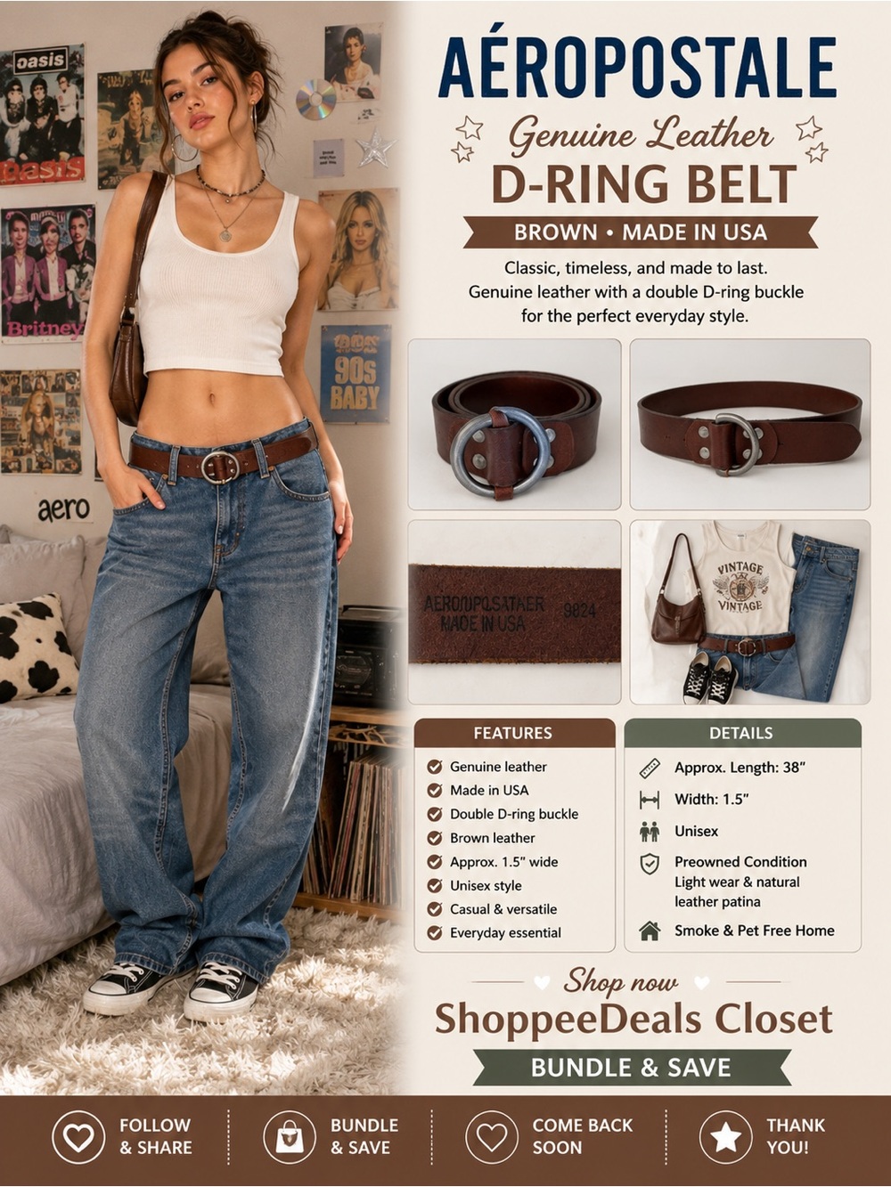 Aeropostale Genuine Leather D-Ring Belt Brown Made in USA 1.5” Wide